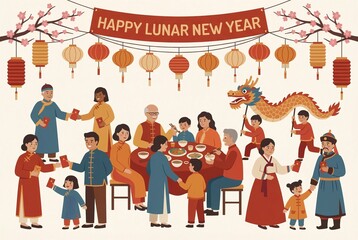 Illustration of a diverse group celebrating Lunar New Year with festive attire, lanterns, and a dragon dance.