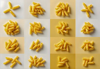 Uncooked penne pasta is arranged in neat piles across a grid with each section showing yellow tubes on different surfaces highlighting texture and geometric patterns