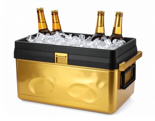 Ice-cold brews await! A golden cooler brimming with chilled bottles, promising refreshing relief from the heat with frosty refreshment.