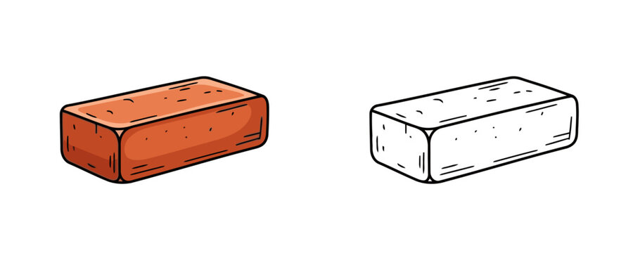 Single red clay brick in cartoon sketch style with orange and brown colors representing construction material or building industry on white background