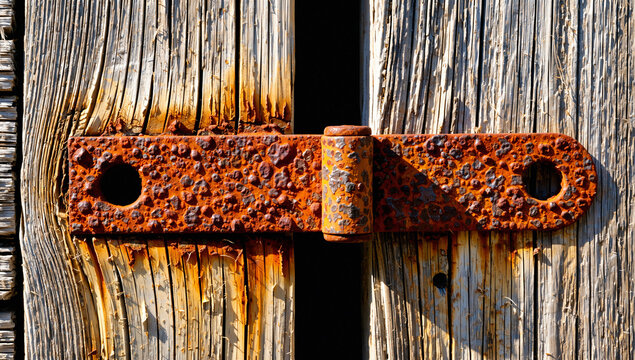Rusty Metal Hasp on Weathered Wooden Door