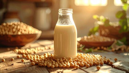 나무 테이블 위 콩과 함께 놓인 유리병에 담긴 신선한 두유 Fresh soy milk in glass bottle with soybeans on wooden table