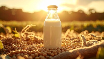 황금빛 노을 속 콩밭 위의 두유 병 Soy Milk Bottle on Soybeans at Golden Sunset