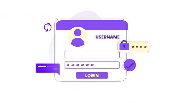 Login animation interface for secure username and password entry. Ideal for websites, apps, and cybersecurity concepts.
