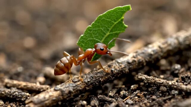 Ant Carrying Leaf - A Macro View of Natures Tiny Laborer.
