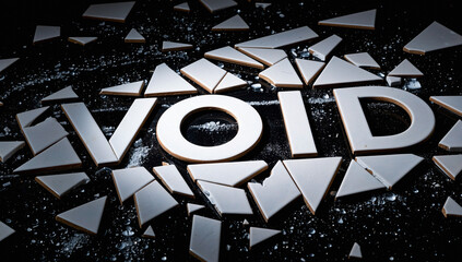 Broken Mirror Pieces Spelling Void on Dark Surface