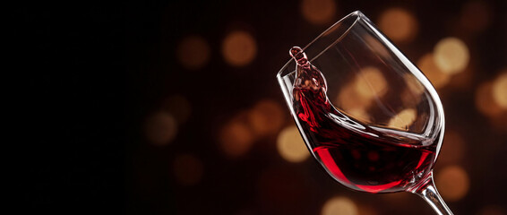 A close-up captures a mesmerizing moment as a swirl of ruby red wine gracefully dances within a delicate glass, with the enchanting bokeh background of the soft lights.
