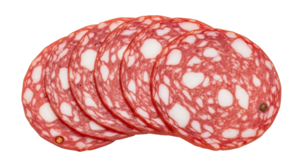 Sliced Genoa Salami with white fat marbling and peppercorns on black meat food, Isolated On Png Transparent Background