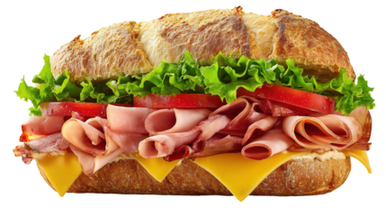 Ham and cheese salad submarine sandwich from freshly cut baguette