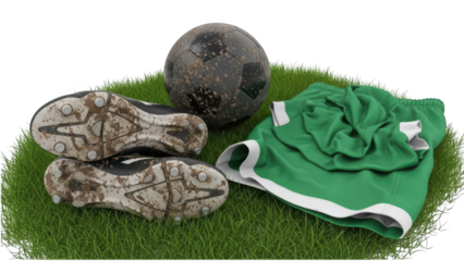 A collection of soccer equipment including dirty cleats, a green jersey, and a ball on transparent background