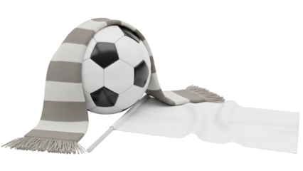 A soccer ball wrapped in a striped scarf on transparent background