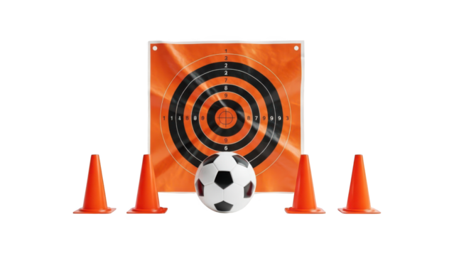 A soccer ball in front of an orange target with black concentric circles on transparent background - Powered by Adobe