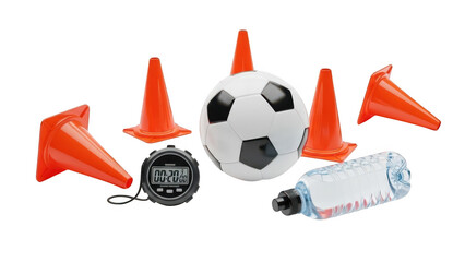 A collection of soccer training equipment including cones, a ball, stopwatch, and water bottle on transparent background