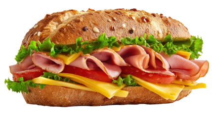 Ham and cheese salad submarine sandwich from freshly cut baguette