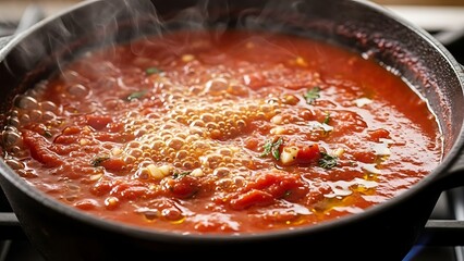 Simmering Sauce: A close-up shot captures the vibrant essence of a homemade tomato sauce simmering gently in a pot, releasing flavorful steam.