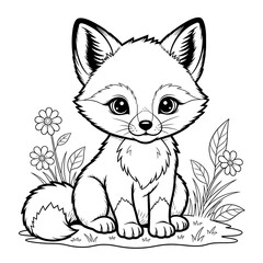 Obraz premium Cartoon drawing of a cute fox sitting on grass with flowers.