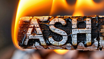 Burning Wood Log with Charred Text "ASH"