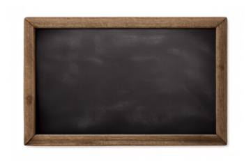 Chalkboard with a natural brown wooden frame, offering an empty dark surface for writing or drawing, on transparent background