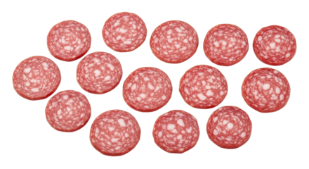 Fifteen round slices of salami with pink and white marbled pattern on black food meat, Isolated On Png Transparent Background