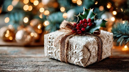 Rustic Christmas Gift: Handwrapped Burlap Present with Holly Berries and Festive Lights