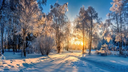 Sunrise Glow Over Frost-Covered Winter Forest