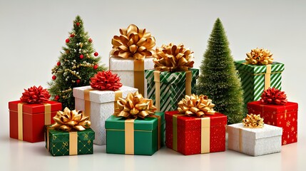 Festive Holiday Gifts: Decorated Christmas Trees with Gold Ribbon Presents