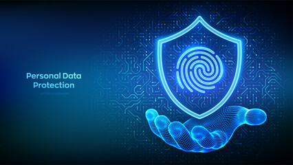 Protection shield with Fingerprint icon in wireframe hand. Personal data protection. Biometric identification. Cyber security. Password control. Circuit board pattern background. Vector Illustration. © iuriimotov