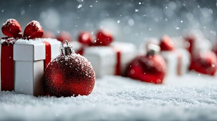 Snowy Holiday Cheer: Red Ornaments and Gift Boxes in Winter Glow