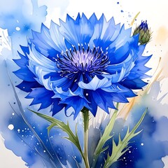Obraz premium Vivid, stylized watercolor cornflower painting. Intense blue petals surround dark center, with artistic paint splatters