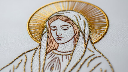 Close-up of embroidered Virgin Mary with golden halo