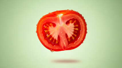 Vibrant red tomato slice with water droplets floating against green