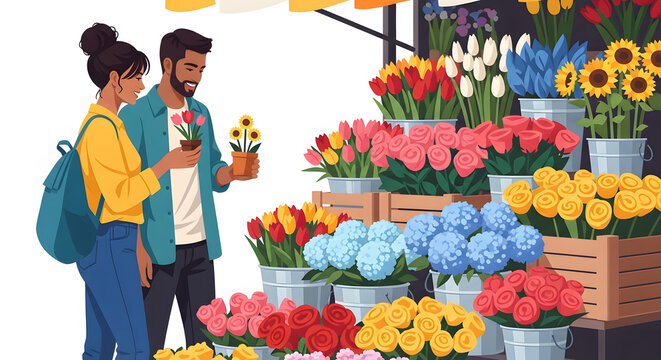 Young couple shopping for potted flowers at a colorful outdoor m