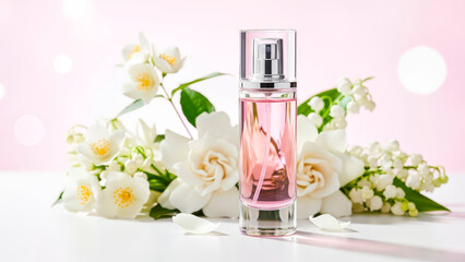 Elegant pink perfume bottle surrounded by fresh white flowers.
