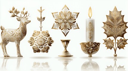 Gilded Winter Elegance: Ornate Reindeer, Snowflake, and Candle Decorative Art