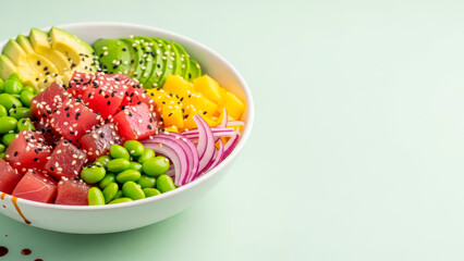 Vibrant tuna poke bowl with fresh avocado, edamame, and mango