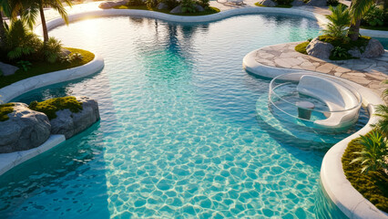 Luxurious tropical resort swimming pool with clear blue water and palm trees