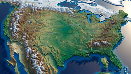 Detailed 3D relief map of the United States showing topography