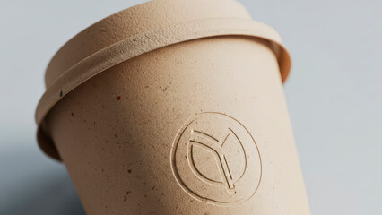 Textured biodegradable cup with an eco-friendly logo on a light background.