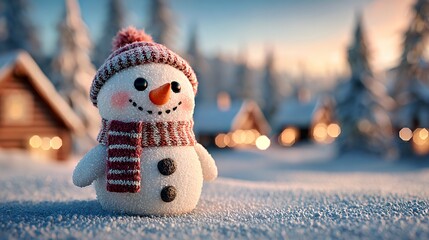 Sunset Snowman: Cozy Cabin Winter Scene with Knit Hat