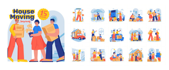 House Moving Relocation Services Vector Illustration Set
