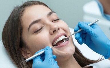 Dentist examines smiling patient's teeth with tools during dental checkup.