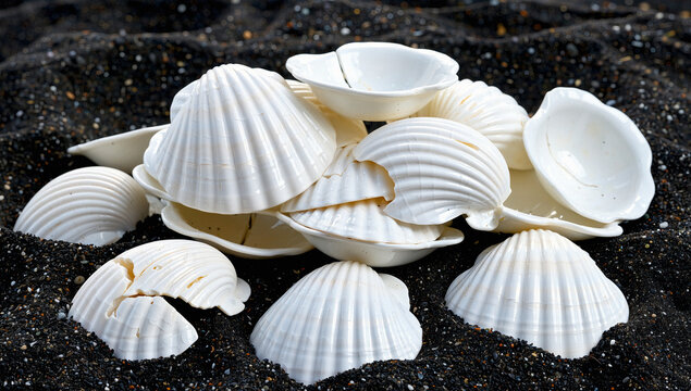 Collection of White Seashells on Dark Beach Sand