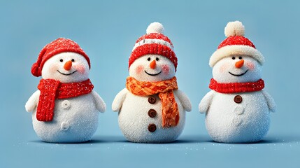 Festive Frosty Trio: Adorable Snowmen in Knit Hats and Scarves