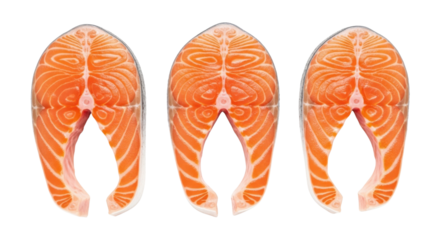 Three raw salmon steaks with visible white fat lines on black background fish seafood, Isolated On Png Transparent Background