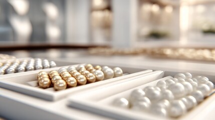 High-end jewelry display showcasing freshwater, South Sea, and Tahitian pearls, technical classification infographic, premium retail scene