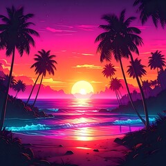 Vivid tropical beach scene with palm trees silhouetted against a vibrant pink and orange sunset over the ocean
