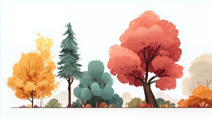 Vibrant Seasonal Foliage: Colorful Trees and Shrubs in Autumn Illustration