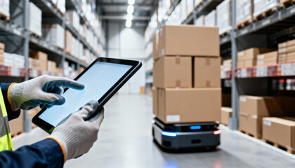 Worker using a tablet to manage automated logistics with an autonomous robot carrying boxes in a modern warehouse setting.