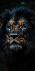 Dark Lion Portrait with Intense Gaze
