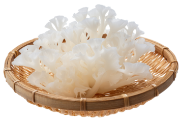 A basket of white coral is sitting on a white background